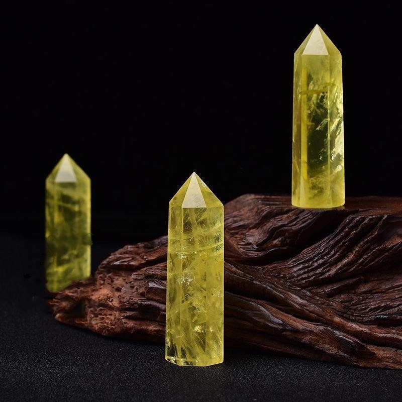 Natural yellow crystal hexagonal pillar for home work, lucky energy ornament, and base for gift delivery