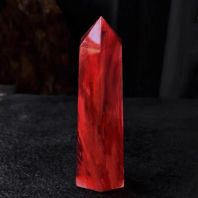 Red crystal raw stone hexagonal polished lucky ornament sent to the base