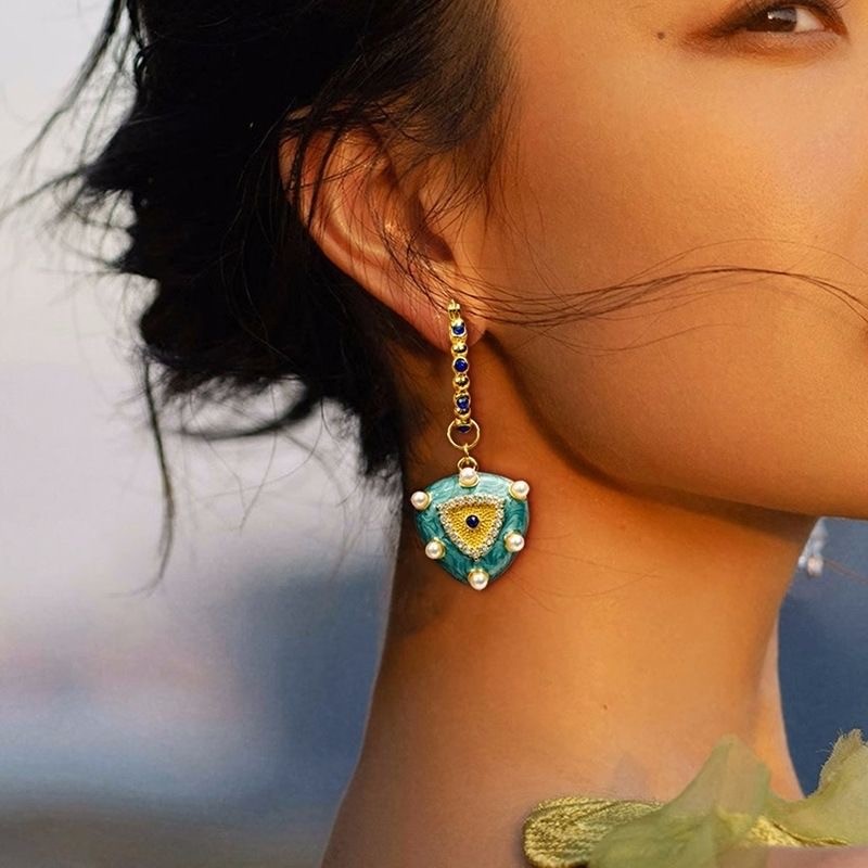 French court style turquoise zircon earrings with blue high-end feel, antique earrings