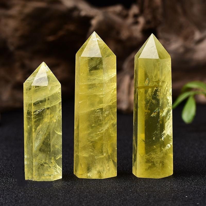 Natural yellow crystal hexagonal pillar for home work, lucky energy ornament, and base for gift delivery