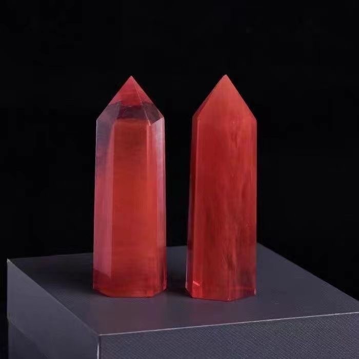 Red crystal raw stone hexagonal polished lucky ornament sent to the base