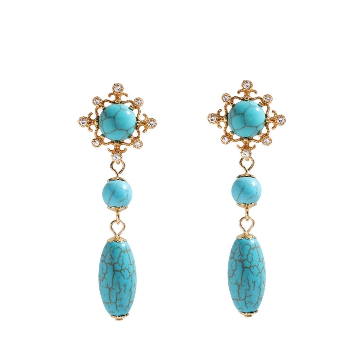 Trendy women's palace style hollow turquoise long pendant earrings
