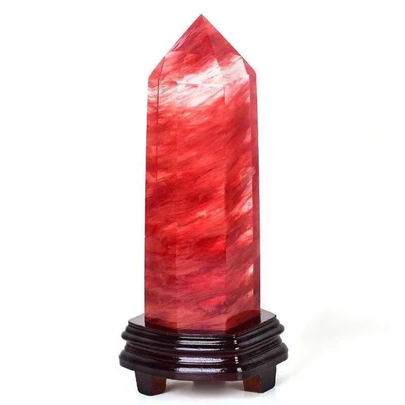 Red crystal raw stone hexagonal polished lucky ornament sent to the base