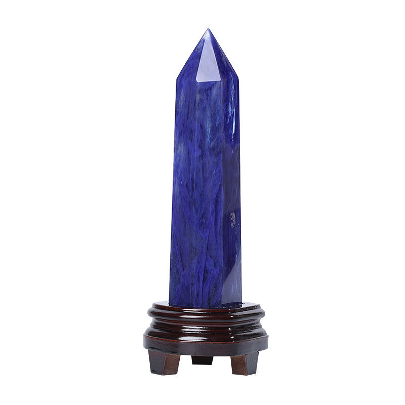 Natural blue crystal pillar attracts wealth, lucky energy stone is given to the base