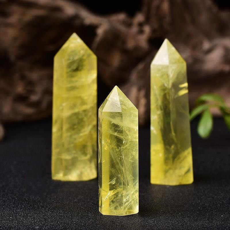 Natural yellow crystal hexagonal pillar for home work, lucky energy ornament, and base for gift delivery