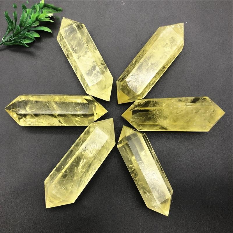 Natural yellow crystal hexagonal pillar for home work, lucky energy ornament, and base for gift delivery