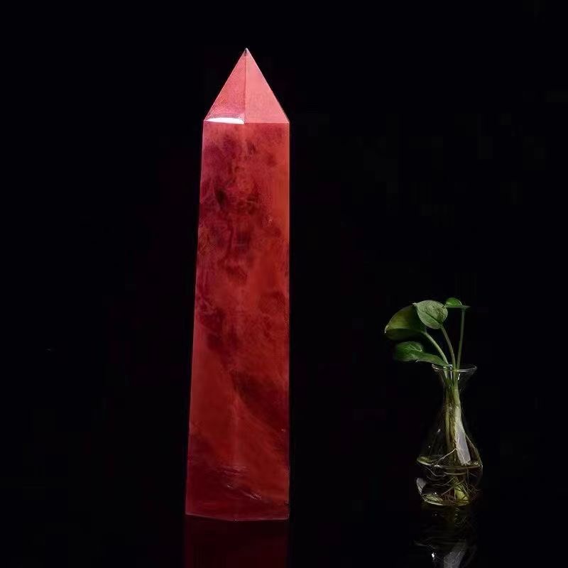 Red crystal raw stone hexagonal polished lucky ornament sent to the base