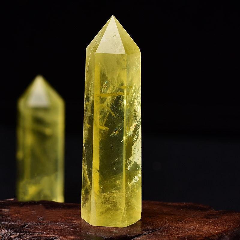 Natural yellow crystal hexagonal pillar for home work, lucky energy ornament, and base for gift delivery