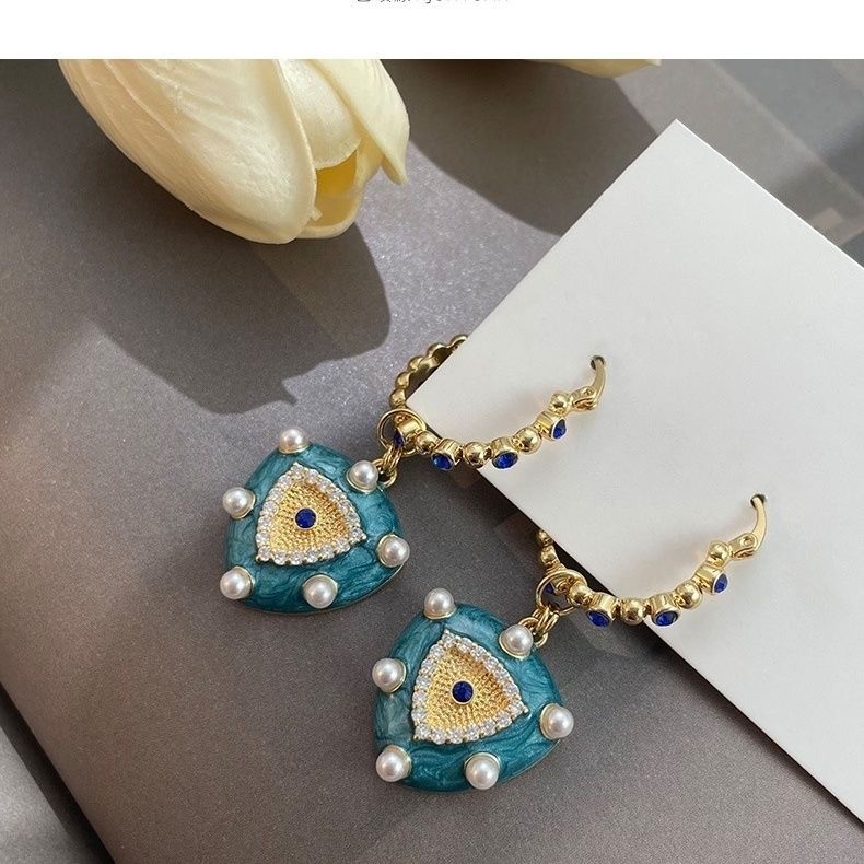 French court style turquoise zircon earrings with blue high-end feel, antique earrings
