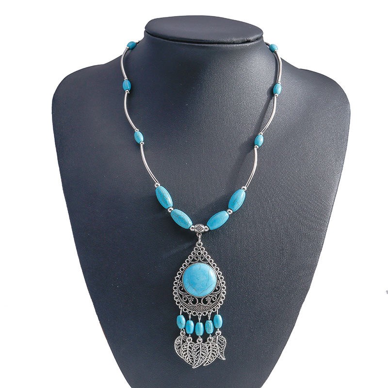 Waterdrop shaped leaf turquoise necklace, fashionable bohemian style, personalized, multi-element, exquisite collarbone chain