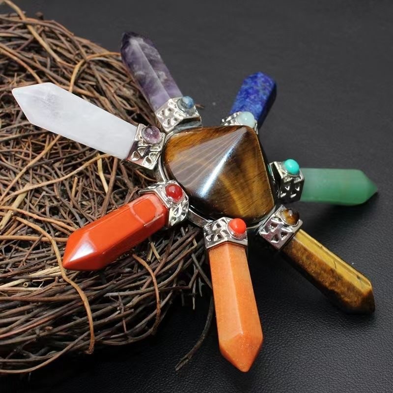 Natural crystal raw stone polished 7-color combination ornament cone-shaped constellation